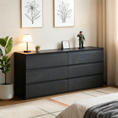 Modern Black Dresser With 6 Drawers, Spacious Countertop & Concealed Handles