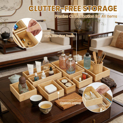 8 Pack Bamboo Drawer Organizer Set, Stackable Wooden Storage Trays for Jewelry, Makeup, Bathroom & Desk Drawers