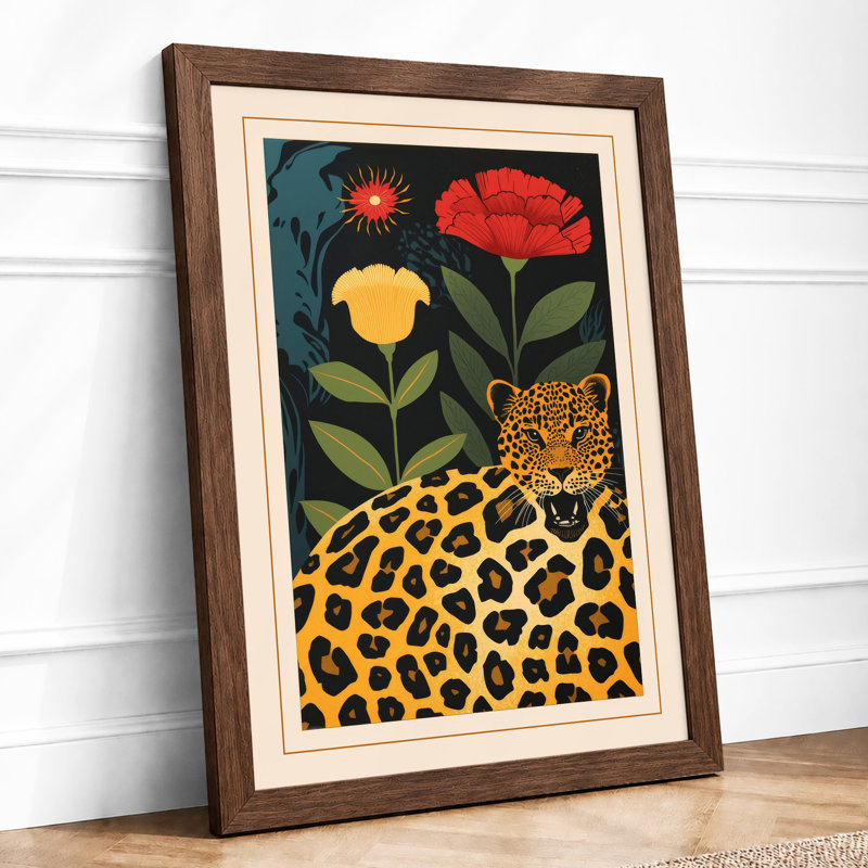 Leopard and Blooms Art Deco - Framed Print, A3 - 42.0 x 29.7 cm, Walnut