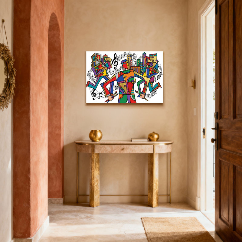 Ensemble de 1 toile imprimée représentant des musiciens abstraits colorés avec des notes de musique et un paysage urbain