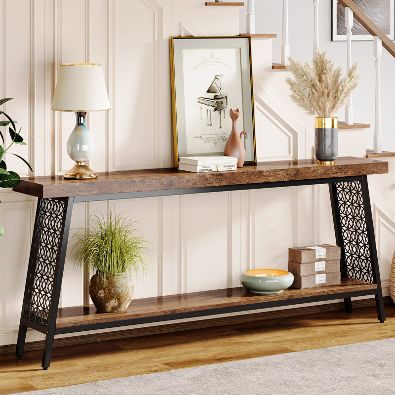 Rustic Brown and Black 70.9" Industrial Console Table with Storage Shelf