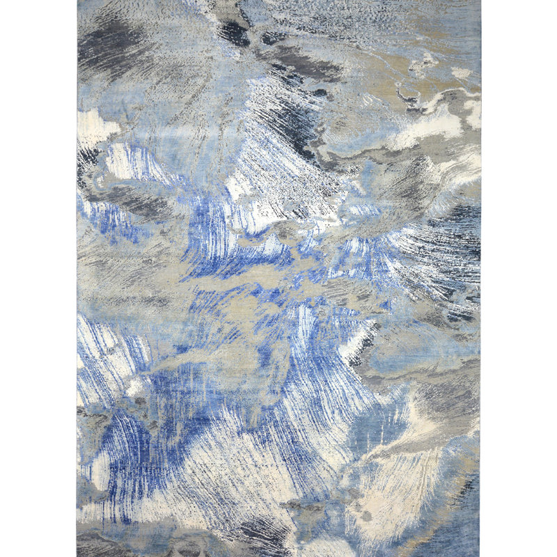 Tapis rectangulaire argent / bleu / noir / ivoire, Rectangle de 5 pi x 8 pi