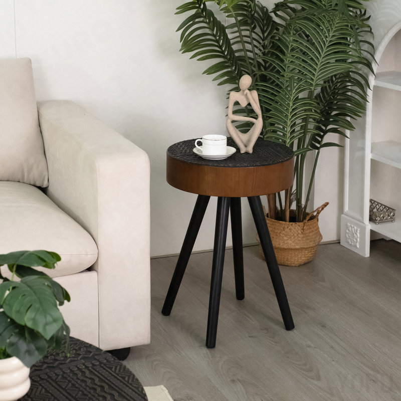 15.7" Round Accent Side Table - Solid Wood Legs - Brown/Black