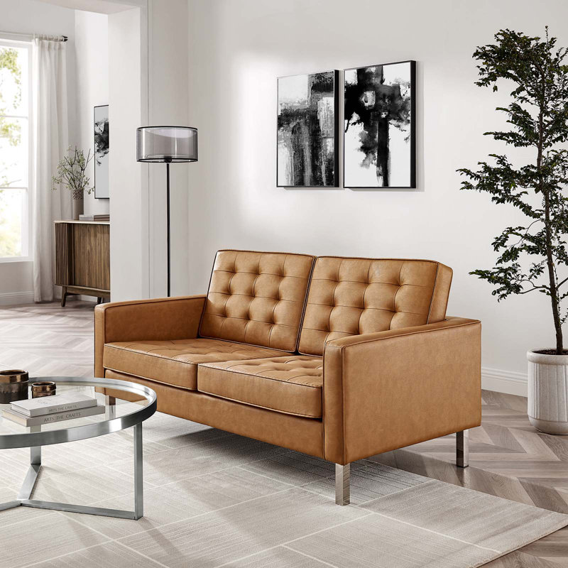 Causeuse en cuir végétalien capitonnée Loft, Similicuir brun clair