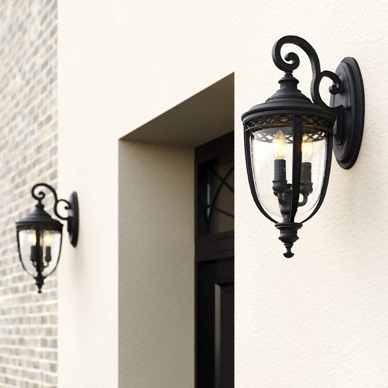 Thynes 3 - Bulb Seeded Glass Outdoor Wall Lantern, Black, Large