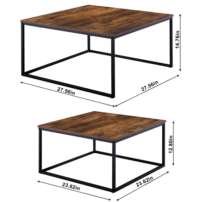 Rustic Brown and Black Square Wood Metal Nesting Coffee Tables, 2 Piece Set