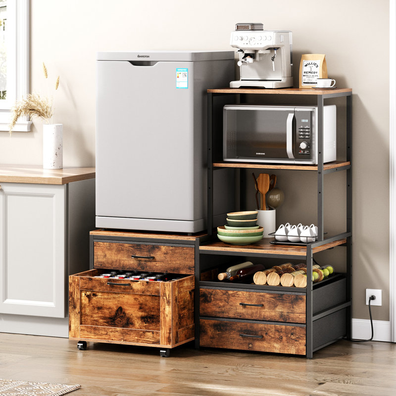 Mini Fridge Stand with Wine Rack, Kitchen Bakers Rack with Power Outlet, Microwave Oven Stand, Coffee Bar, Rustic Brown