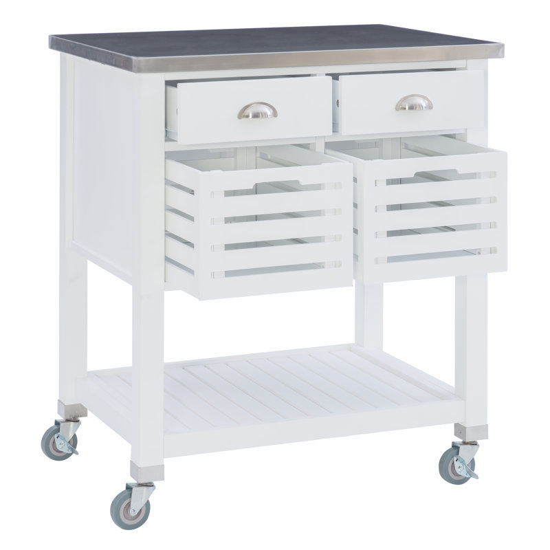 Fisnike 30" Stainless Steel Top 2-Drawer Kitchen Cart With Storage Bins, White