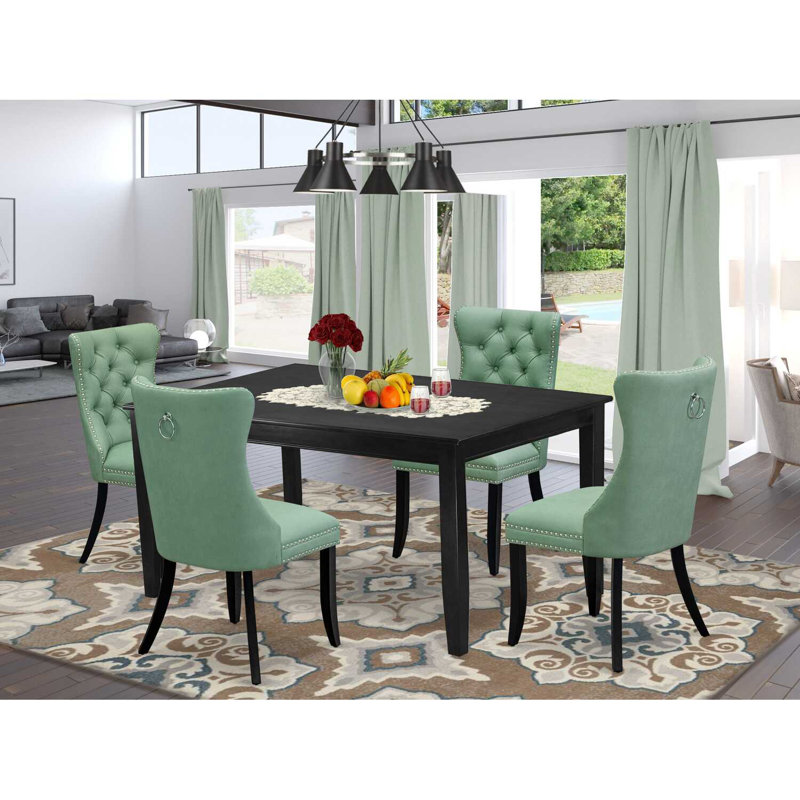 L'ensemble 5 pièces de table et chaises de cuisine comprend une table de salle à manger rectangulaire et 4 chaises rembourrées en tissu de polyester, noir