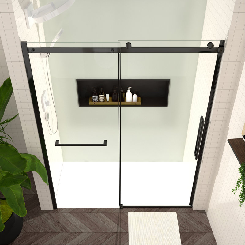56-60"W X 76"H Sliding Shower Door, 8Mm Frameless Glass Shower Door With Matte Black Hardware, Towel Bar And Handle,Drop Shipping Available