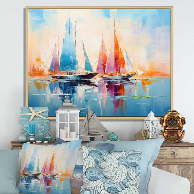 Sailboat Abstract Coastal Symphony I - Sailing Boat Canvas Wall Art, Cadre naturel flottant, H 12 po x l 20 po x P 1 po