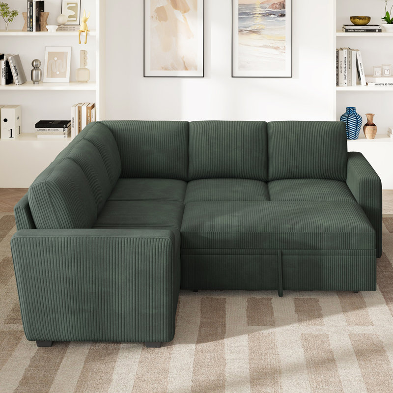 Hoelscher L-shaped Sleeper Sectional Upholstered Sofa Bed With Storage Space Green, Green Coduroy