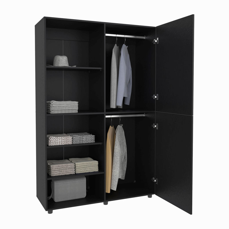 Armoire haute autoportante à une porte avec tringle suspendue et tablettes intérieures, garde-robe de chambre compacte, Black