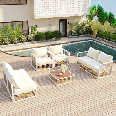Ensemble de canapé modulaire de patio en métal 7 pièces Modern Minimalist, ensemble de conversation pour jardin toutes saisons avec coussins épais et table basse pour l'intérieur et l'extérieur