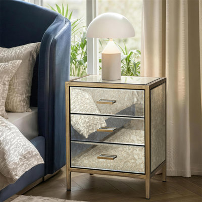 Vintage Glam 3-Drawer Nightstand Antique Mirrored Finish with Gold Metal Frame Modern Classic Glam Styles