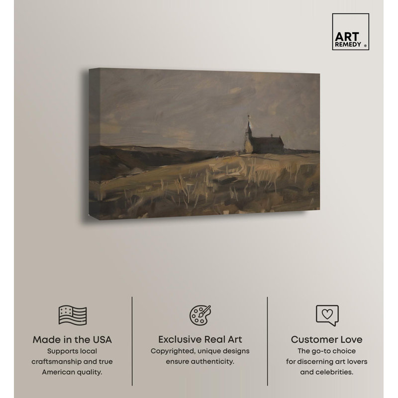 Vintage Landscape Wrapped Canvas Art in Dark Brown and Beige