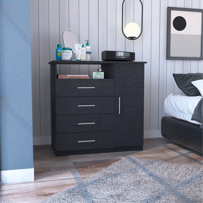 Commode 4 tiroirs, 1 tablette ouverte, plateau supérieur, armoire à une porte, noir
