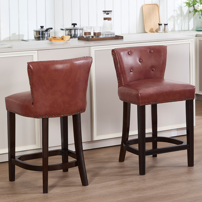 Set of 2 Bar Stools with Backrest, Genuine Leather Seat and Solid Wood Frame, Counter Height Chairs for Kitchen Island and Dining Room