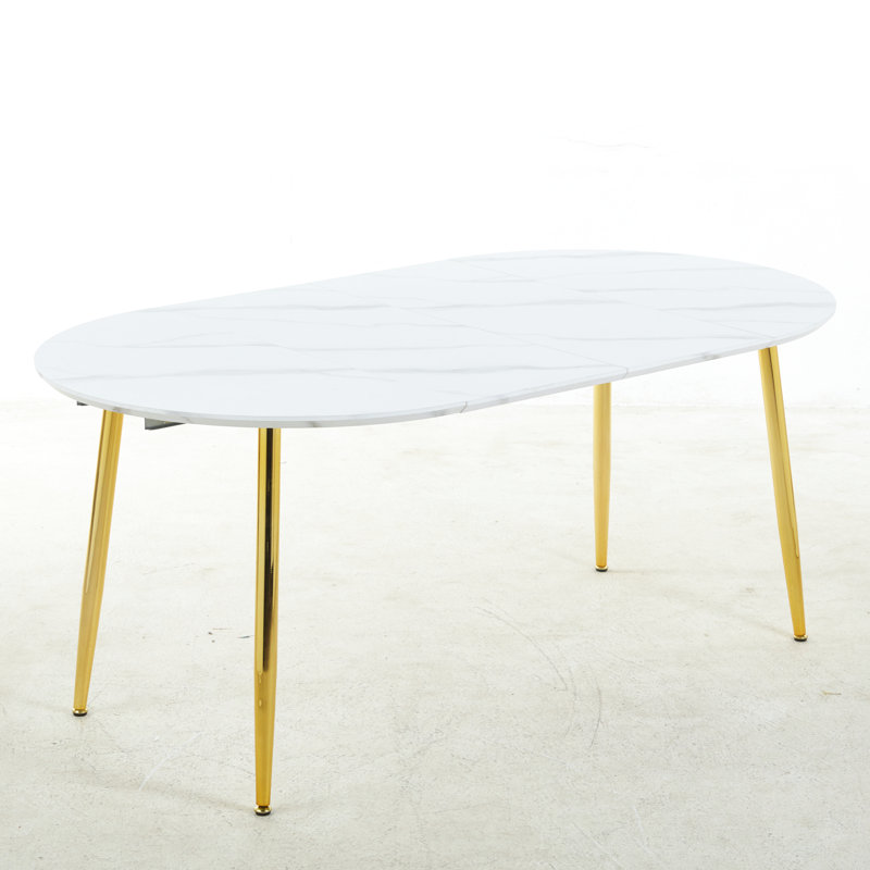 Table de salle à manger extensible Avanna, Marbre blanc, Doré