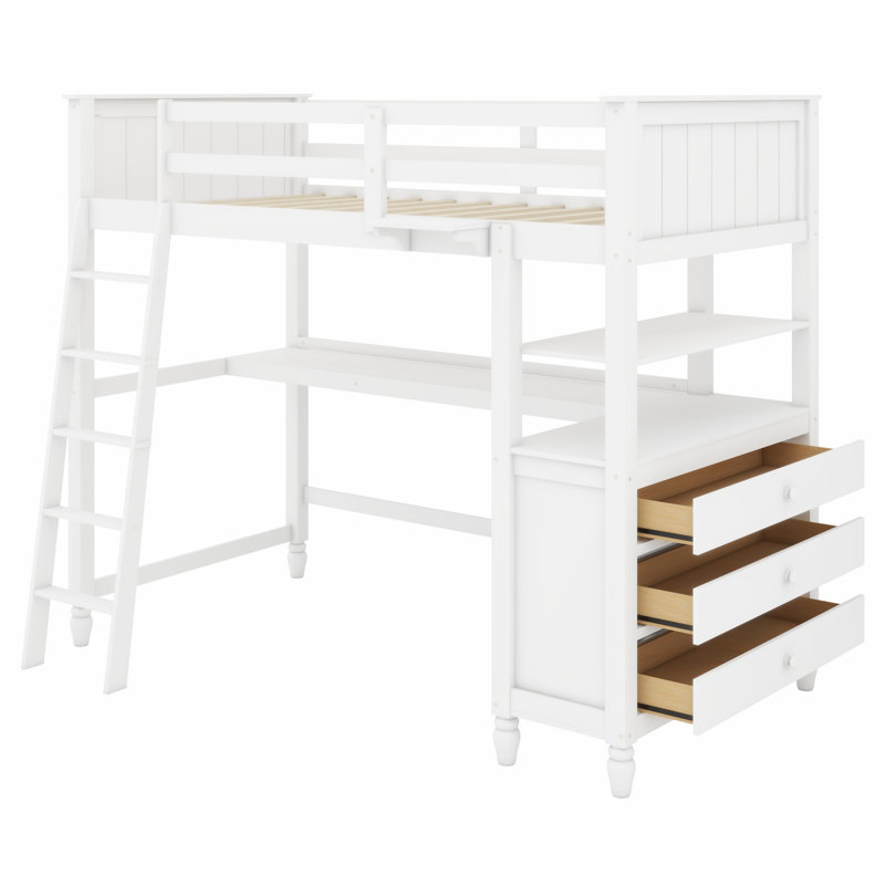 Sturdy Wood Loft Bed with Desk, Drawers and Display Shelves, White