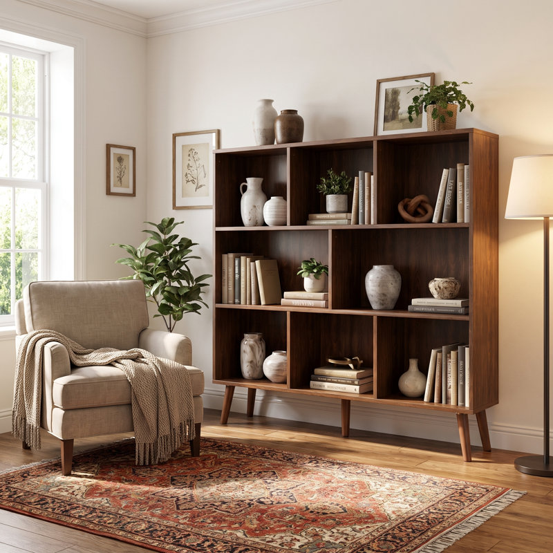 Jaen Solid and Manufactured Wood Cube Bookcase, Columbia Walnut, (8 Shelves) 42.5" H x 47.2" W x 9.4" D