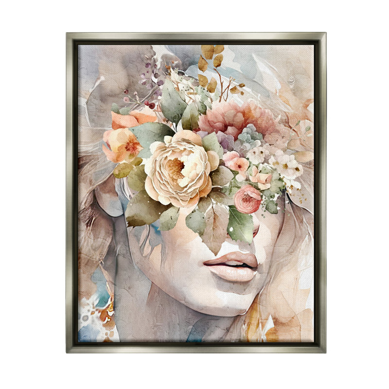 Reproduction florale féminine encadrée sur toile par Kim Allen, H 31 po x l 25 po x P 1,7 po, Cadre flottant gris lustré