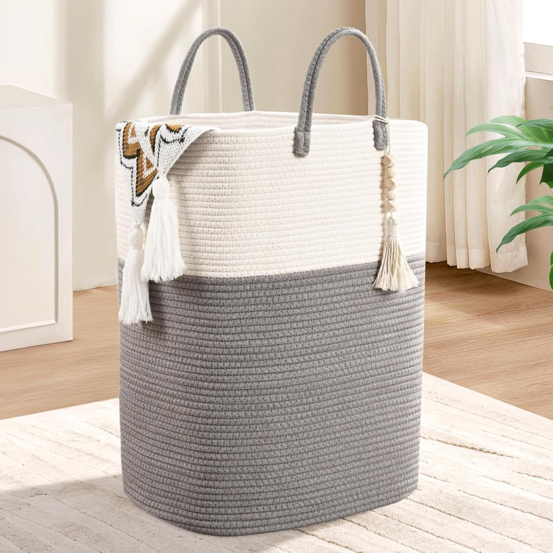 Woven Laundry Basket With Beaded Tassel, Large Rectangular Clothes Hamper For Bedroom Or Nursery, Breathable Cotton Storage Bin For Toys And Dirty Clothes, Home Organization Essential
