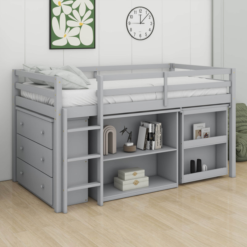Latitude Run® Twin Low Loft Bed With Pull-Out Desk, Rubber Wood Frame ...