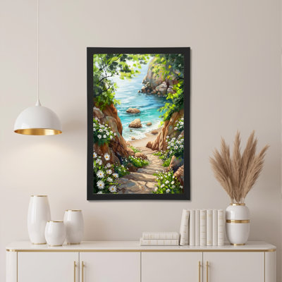 «Seaside Path with Flowers and Rocks», reproduction d'art sur toile tendue sur toile, ensemble de 1