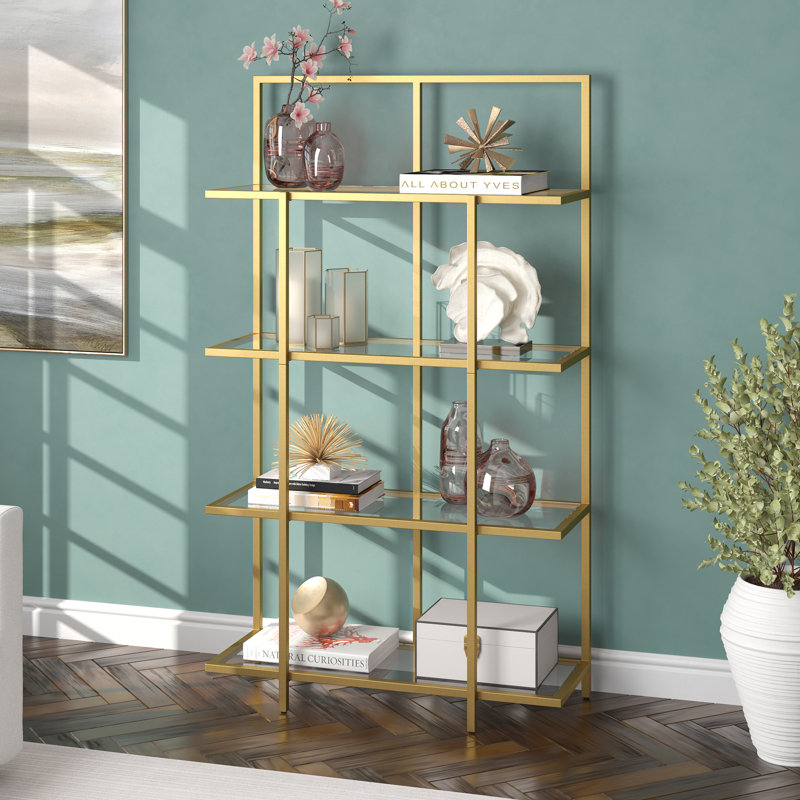 Ingels 62"H 4-Tier Metal Glass Tall Rectangular Bookcase in Brass, Brass