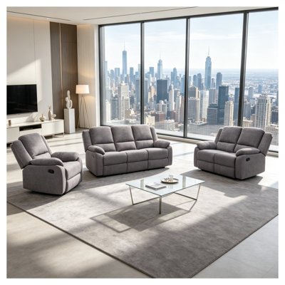 Ensemble de canapés inclinables manuels 3 pièces comprenant un canapé 3 places, une causeuse et un fauteuil inclinable individuel en polyester gris