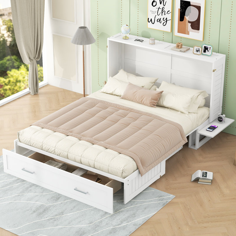 Grand lit escamotable mobile avec tiroir, 2 tablettes latérales, lit escamotable mural, bois de pin massif