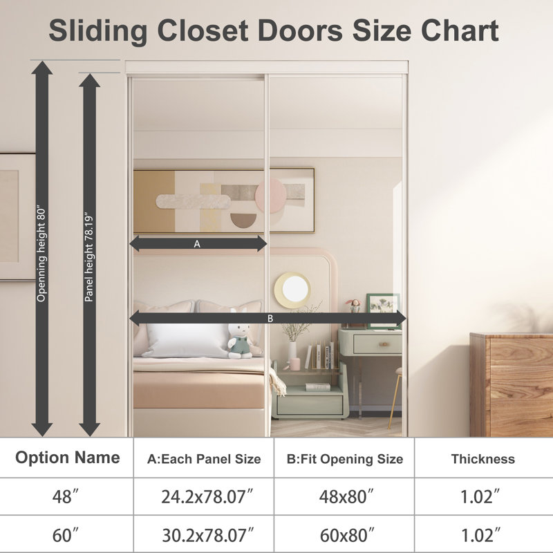 MSD 80'' Hollow Mirrored Prefinished Sliding Closet Doors with Installation Hardware Kit, 80" H x 48" W