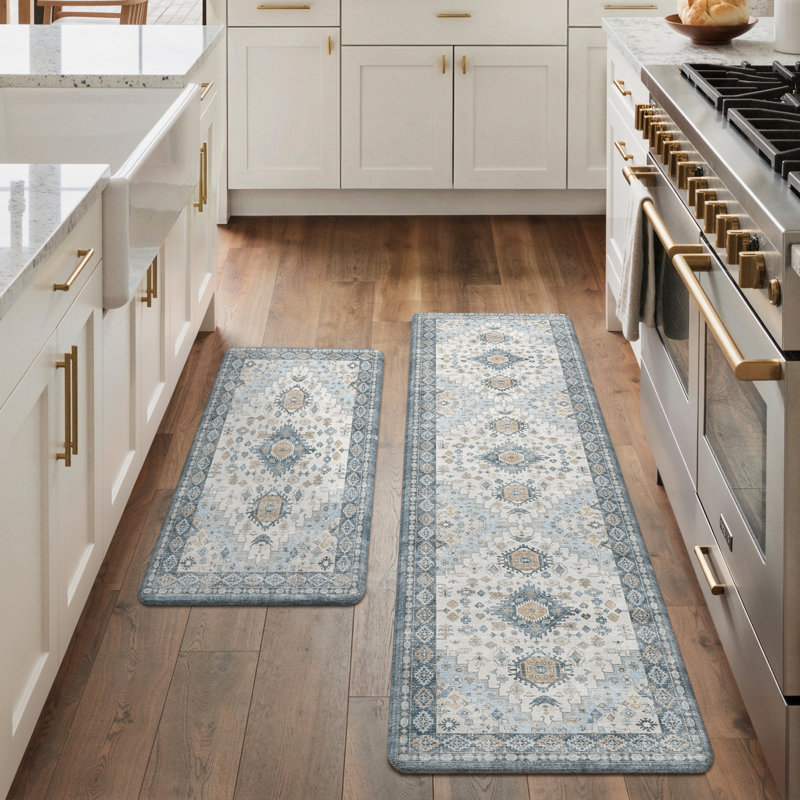 Anti-Fatigue Anti-Slip Waterproof Kitchen Mat, Runner 17" x 59" + 17" x 30", Light Blue