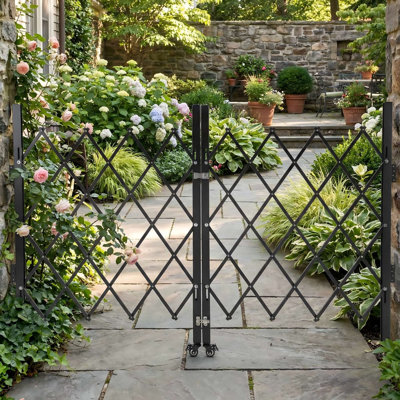 Qeetex Double Folding Security Gate, 87"H x 150"W Lockable Steel Scissor Gate with 360° Casters, Retractable Outdoor Barricade