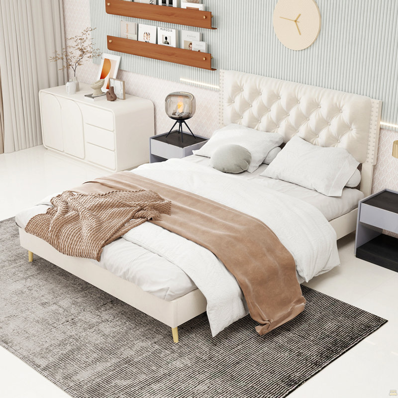 Lit tapissier en velours, Beige, Grand lit