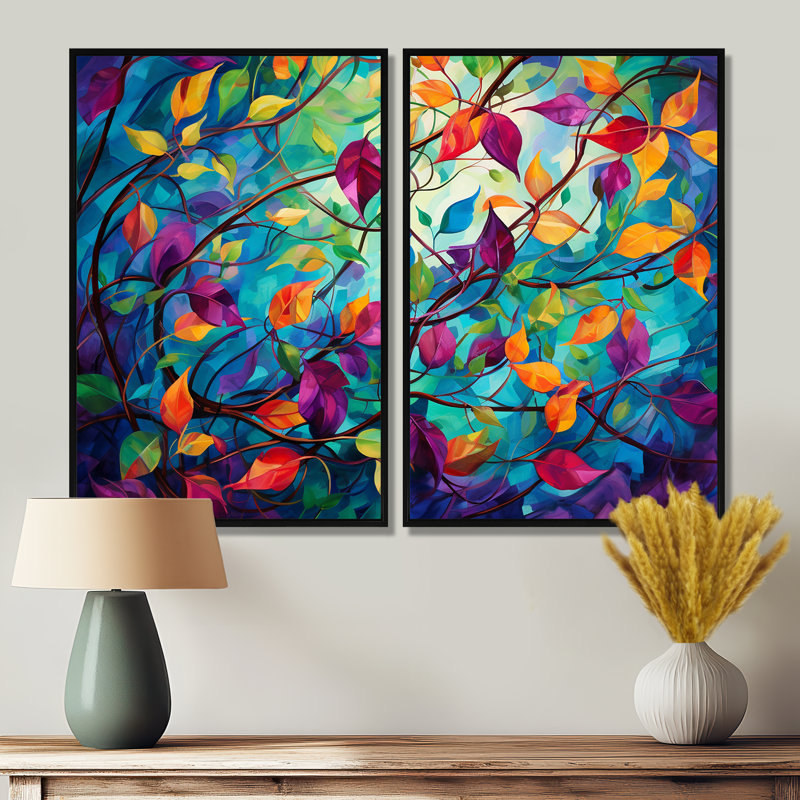 Multicolor Vibrant Vines I - Abstract Botanicals, art mural 2 pièces, H 36 po x l 48 po, Noir