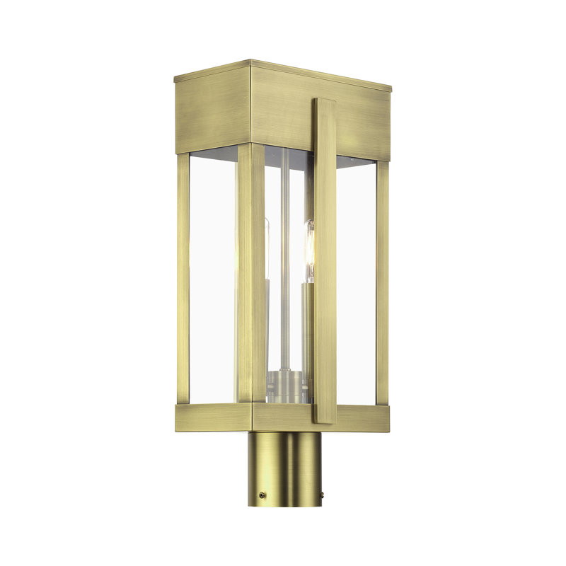 2 Light Black Large Outdoor Post Top Lantern With Brushed Nickel Candles And Clear Glass, Antique Brass