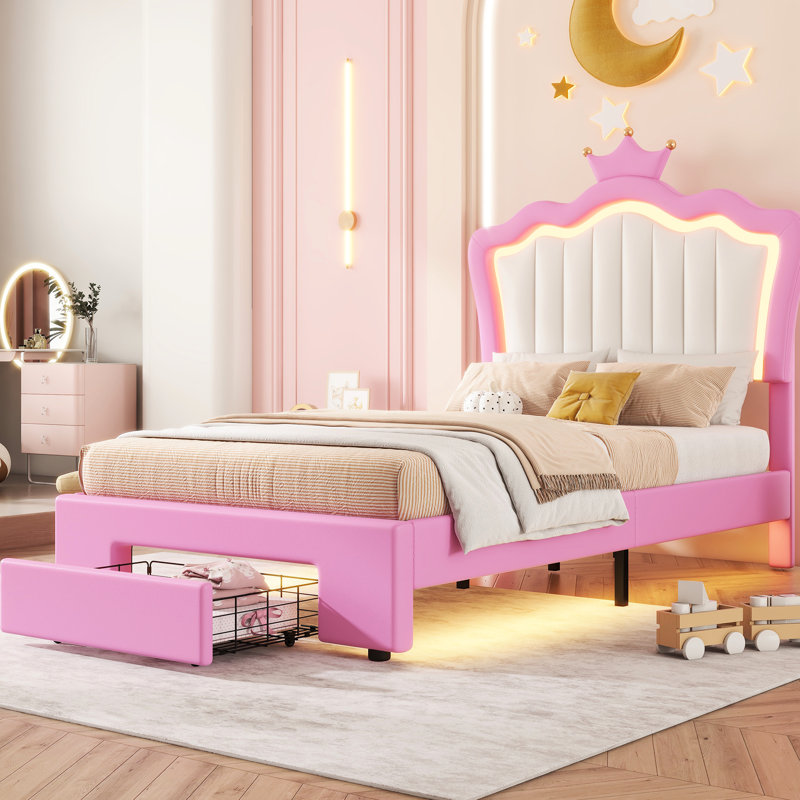 Modern Twin Size Bed Frame With Led And Drawer, Enrapturing Crown Headboard, Pink + White, Peace Upholstered Platform Led, Fascinating Stable Placid