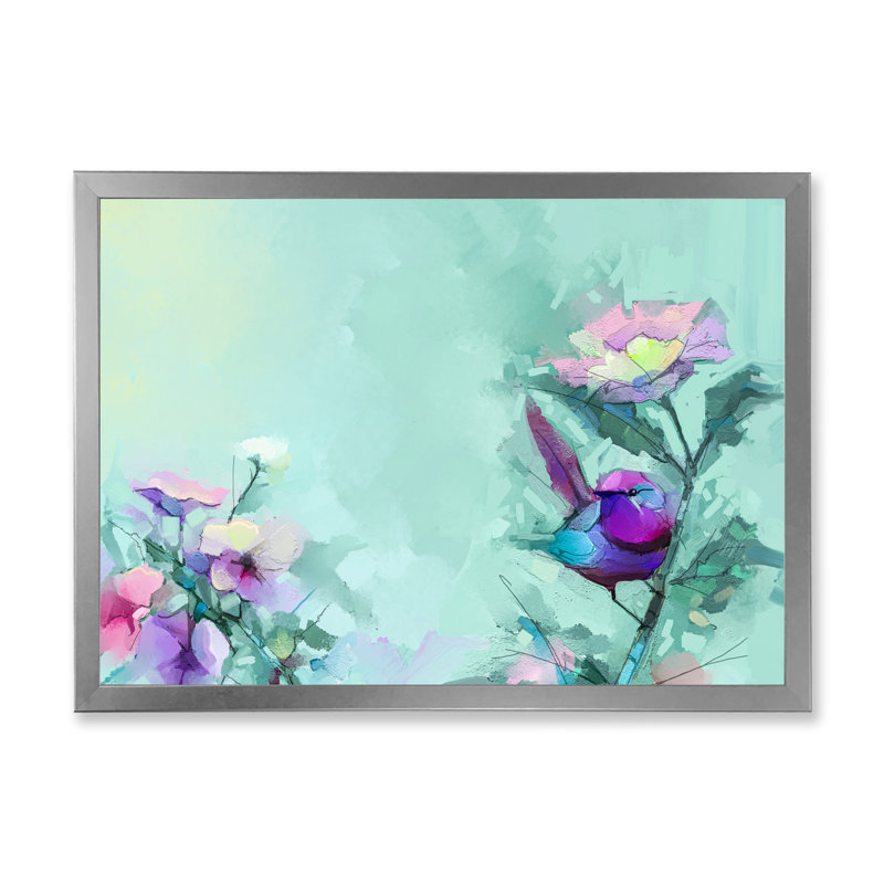 «Paintbrush Mauve and Turquoise Bird», reproduction sur toile flottante, H 24 po x l 36 po x P 1 po, Cadre photo argenté