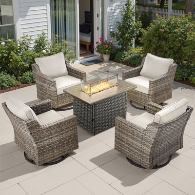 Maelie 4-Person Seating Group Outdoor Fire Pit Conversation Set With Rectangle Fire Pit And Swivel Gliders