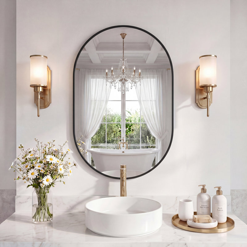Miroir mural ovale en aluminium, miroir de salle de bain moderne en forme de pilule, miroir de salle de bain minimaliste