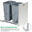 Poubelle de cuisine double escamotable peu encombrante - 2 bacs en acier gris clair de 35 pte - Glissières silencieuses à extension complète, pare-chocs en caoutchouc, poubelle et bac de recyclage sous l'armoire