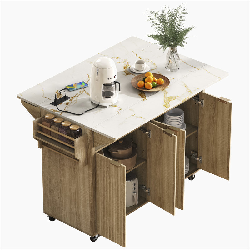 Îlot de cuisine cannelé 55,5 po avec 2 abattants, chariot de rangement de cuisine avec prise de courant, 4 portes, support à épices, table roulante pour îlot avec plateau en faux marbre, rebord courbé pour la cuisine, la salle à manger, naturel