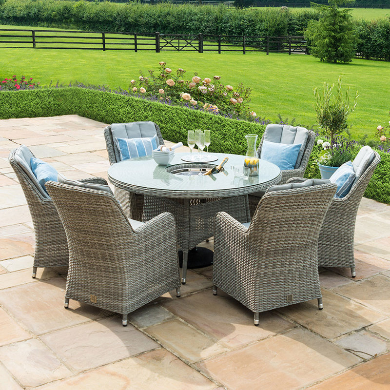 Lotta Venice 6 Seat Round Rattan Dining Set - with Ice Bucket & Lazy Susan, Grey, Off White