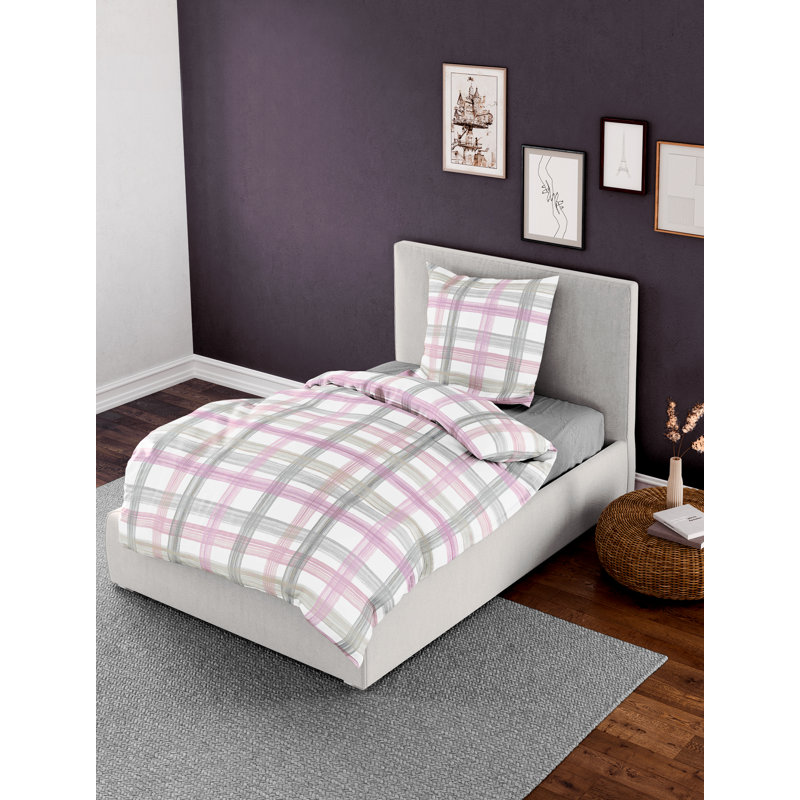Plaid Duvet Cover Set with Pillowcases Included, 155 x 220cm Duvet Cover + 1 Standard Pillowcase, Pink