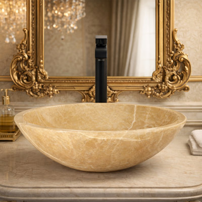 16" L X 16" W X 5.3" H Honey Beige Onyx Circular Vessel Bathroom Sink With Unique Veining
