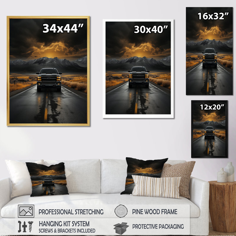 Hosking Pickup Truck the Road - Imprimé, H 32 po x l 24 po x P 1 po, Cadre flottant noir