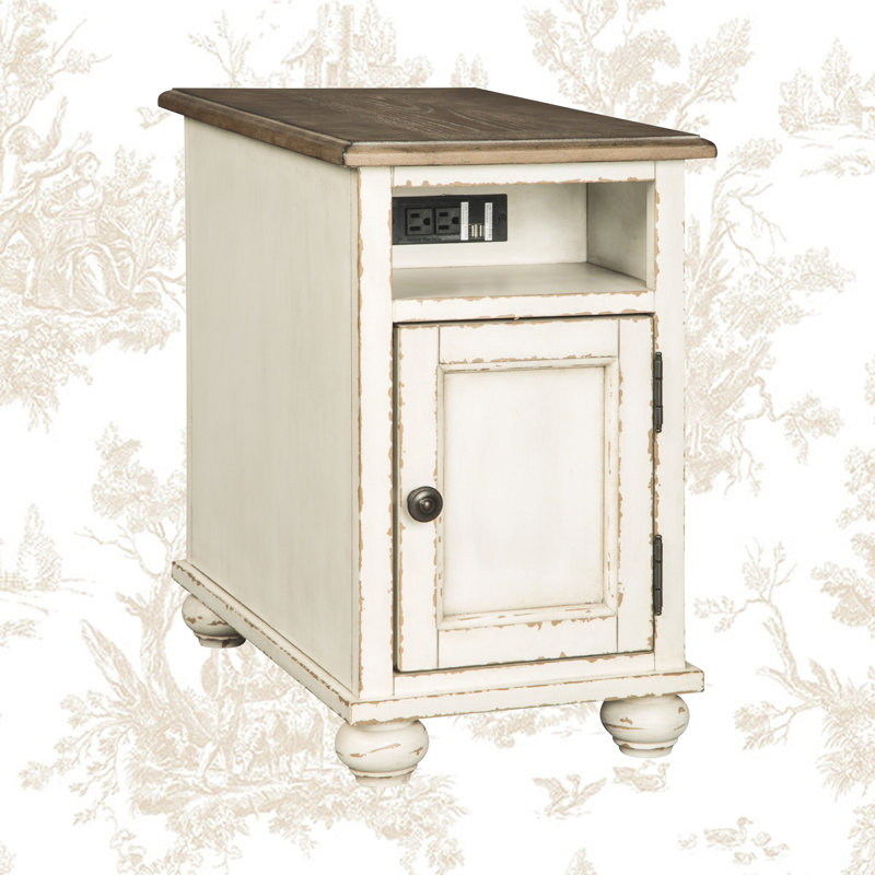 Heraldas End Table and Built-In Outlets, Brown Top/Antiqued White Base