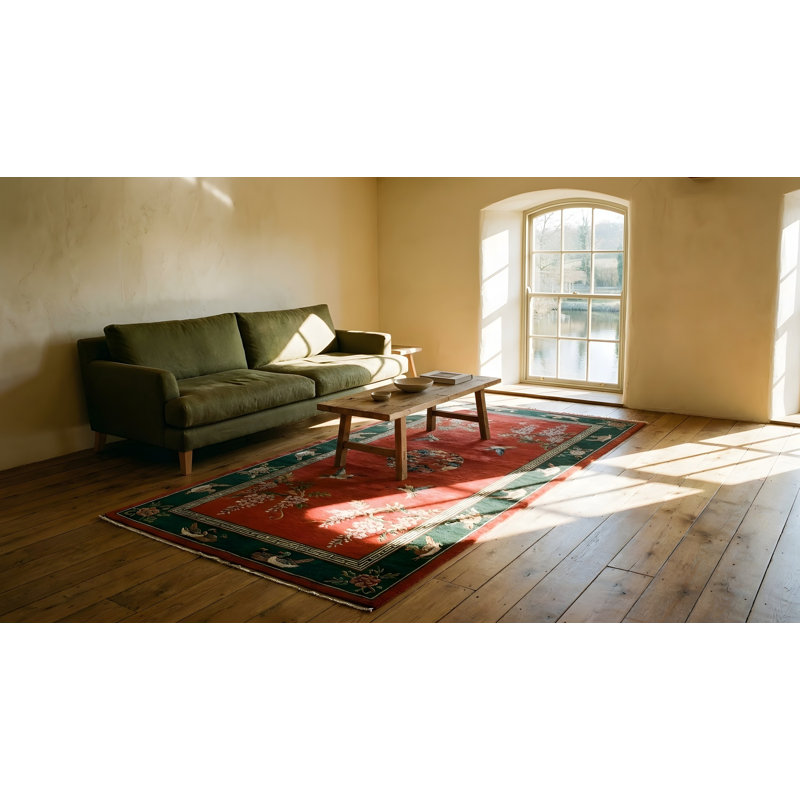 Hand Knotted Pile 1920s Rectangle Antique Floral Wool Coral / Salmon Pink Rug